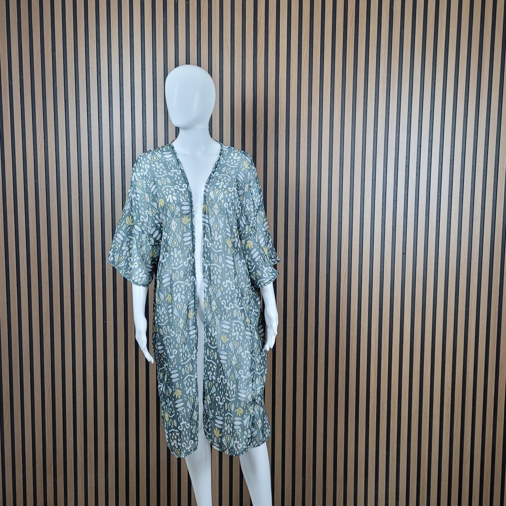 Sonoma Kimono Wrap Ikat Print Sage Green Sheer Recycled Mesh One Size